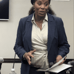 Del. Stacey Plaskett tells St. Johnians about the purpose of her bill to limit expansion of the VINP.  (Source photo by Amy H. Roberts)